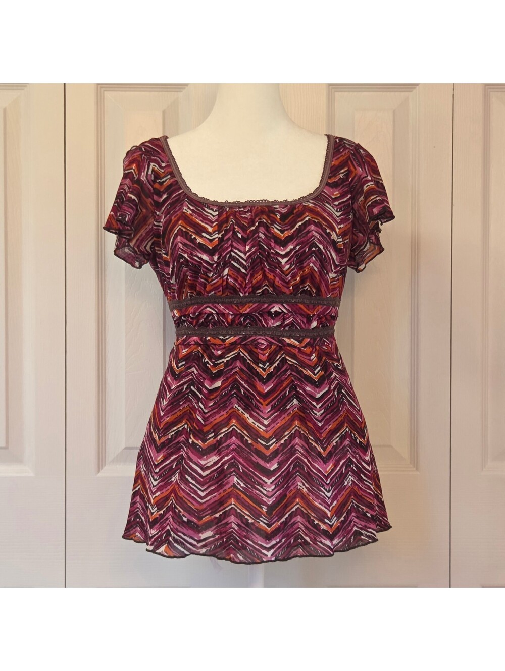 Purple and Red Chevron Print Babydoll Top Size M Vintage Y2K Boho Tie Back